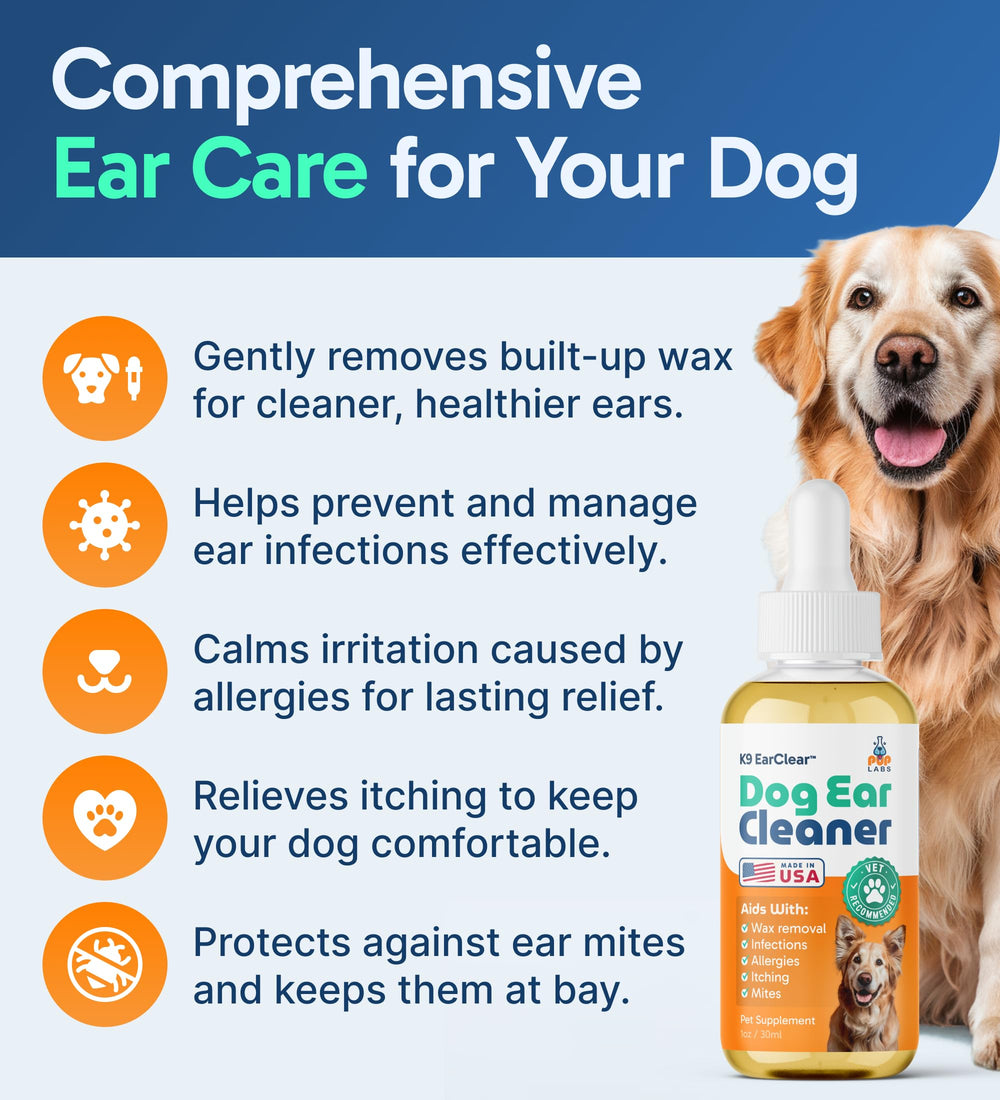 Pup Labs Ear Clear olive oil ingredient highlights natural formula for ears.