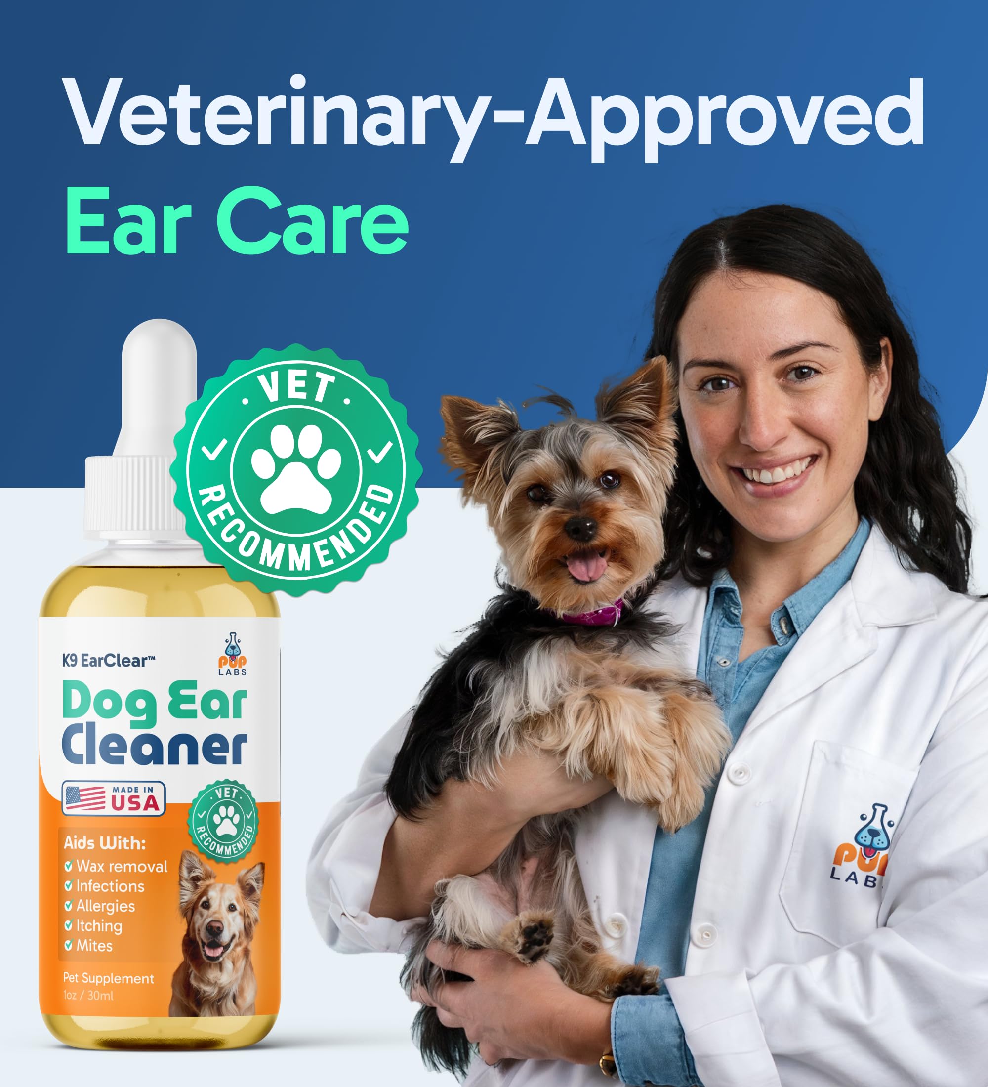 Pup Labs Ear Clear label notes USA-made quality.