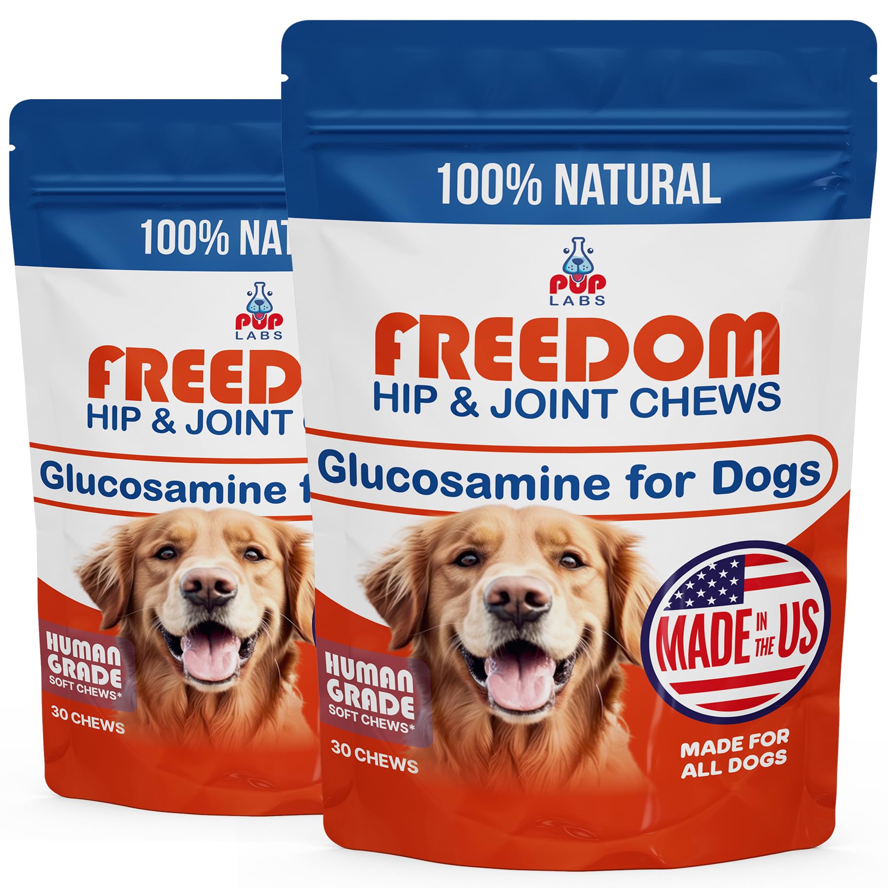 Pup Labs Freedom Joint Chews bottle shows premium joint support for dogs.