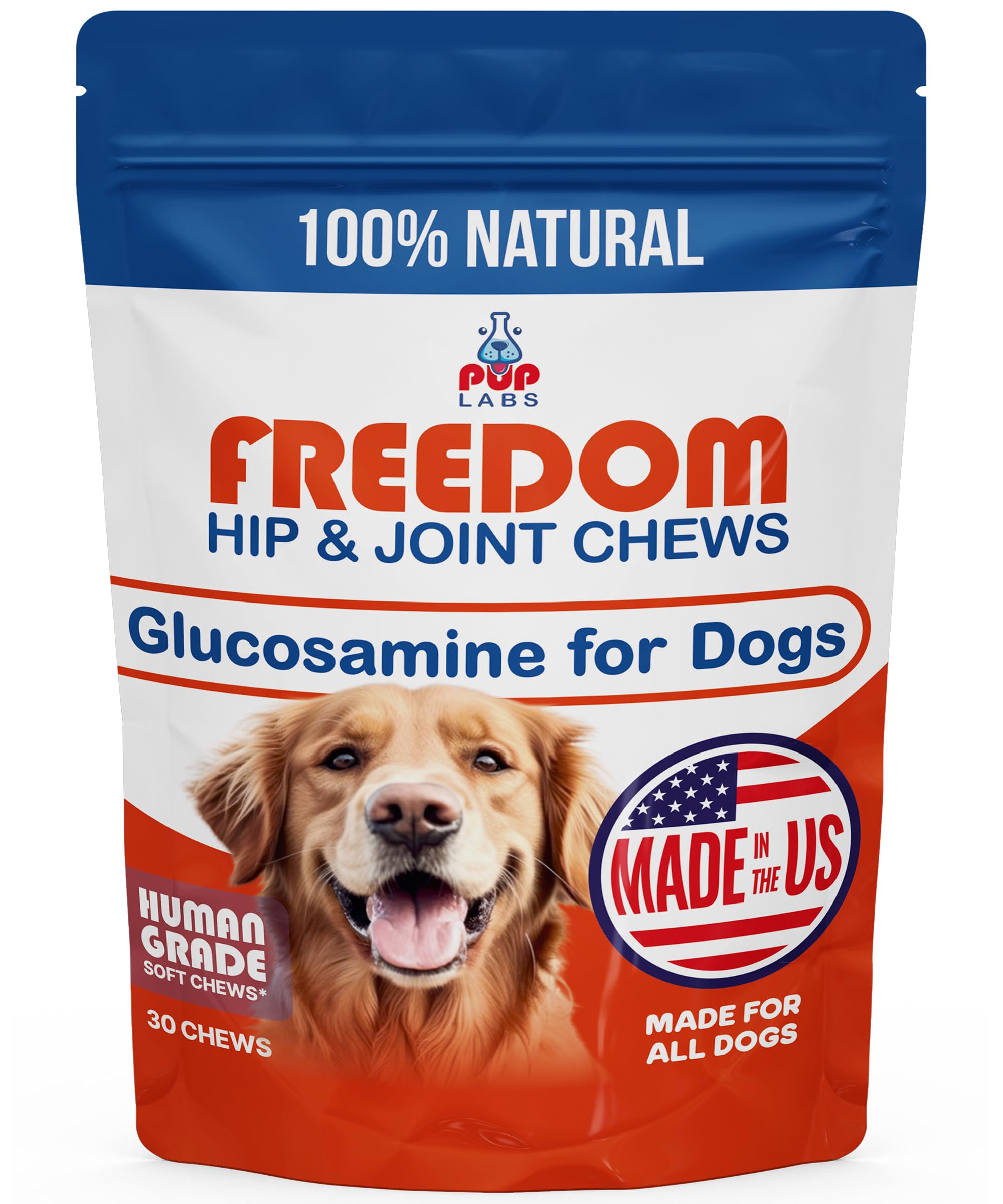 Pup Labs Freedom Joint Chews bottle shows convenient packaging for daily joint support.