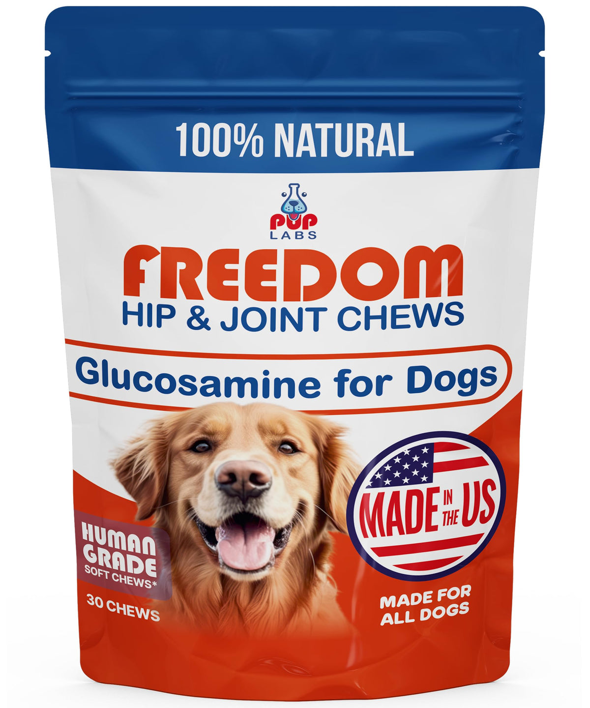 Pup Labs Freedom Joint Chews bottle shows convenient packaging for daily joint support.