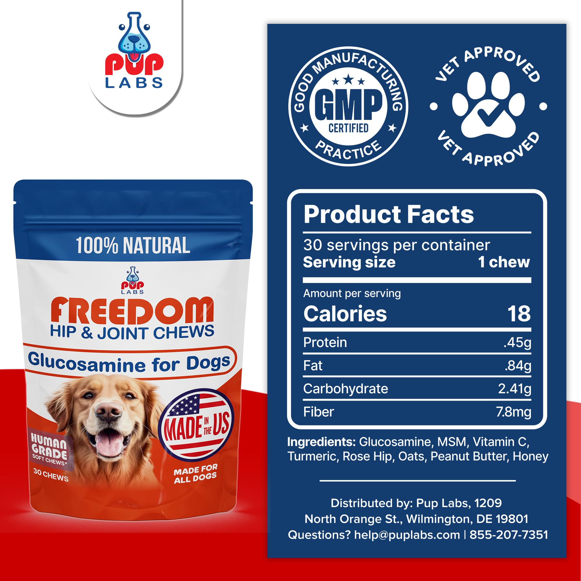Pup Labs Freedom Joint Chews USA-made badge communicates quality and dog-friendly formulation.