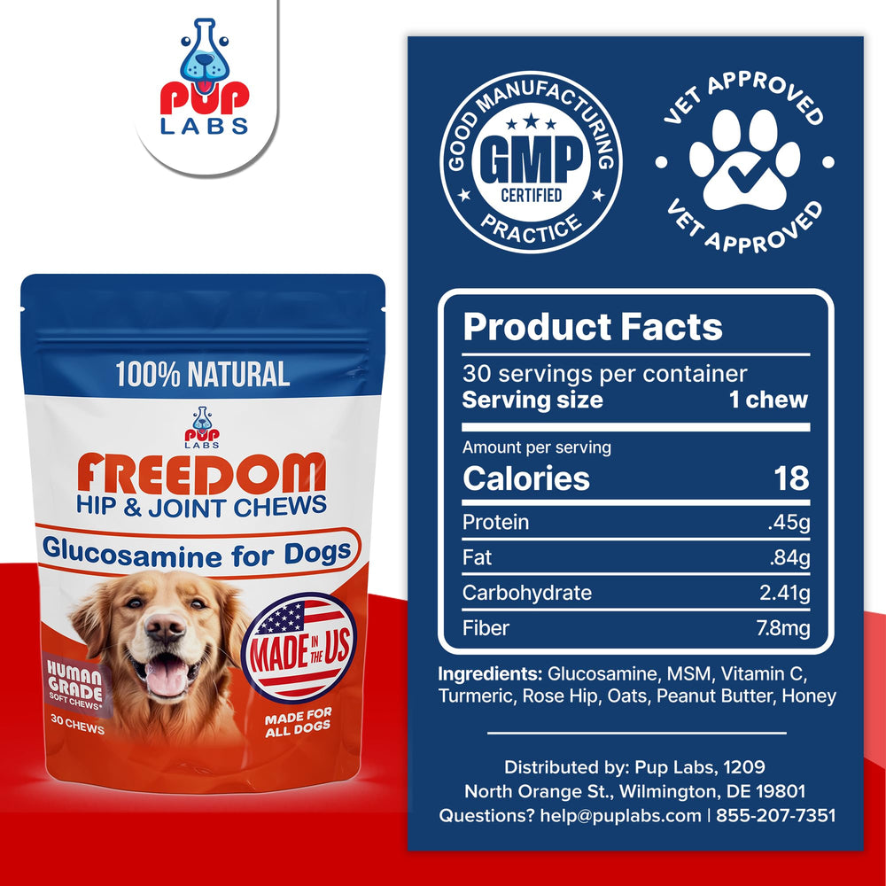 Pup Labs Freedom Joint Chews USA-made badge communicates quality and dog-friendly formulation.