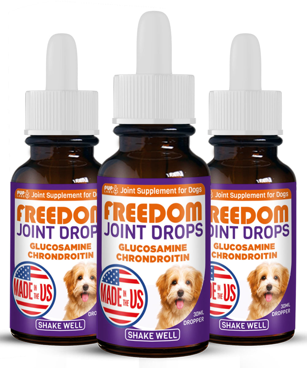 Pup Labs Freedom Joint Drops bottle shown for at-home dog joint support.