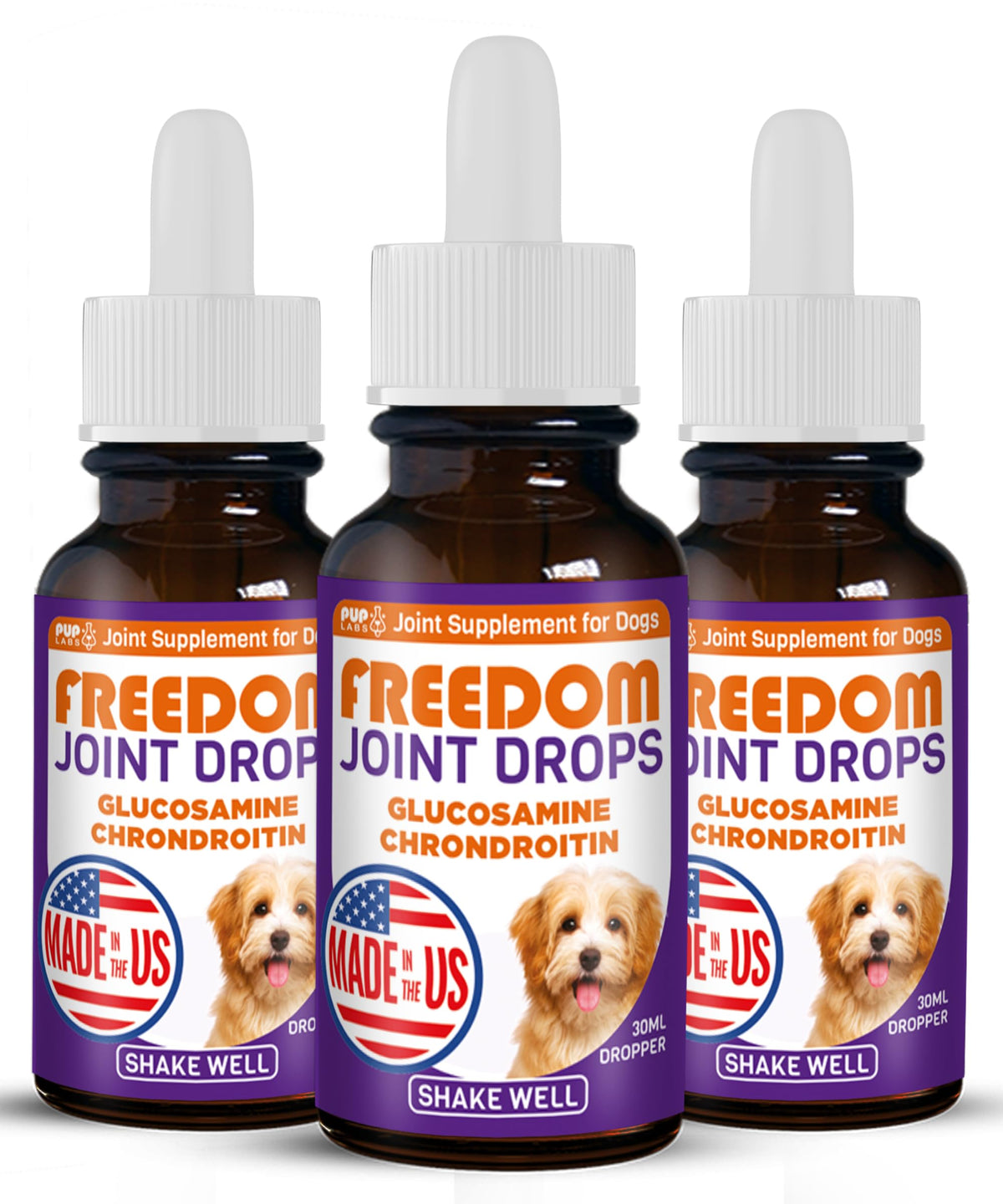 Pup Labs Freedom Joint Drops bottle shown for at-home dog joint support.