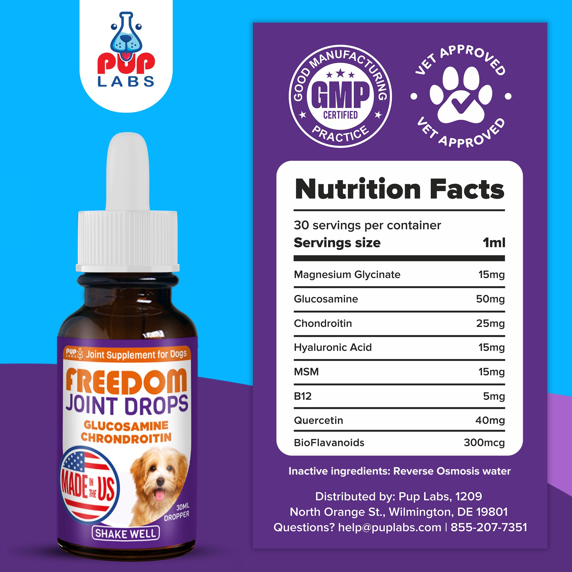 Pup Labs Freedom Joint Drops daily-use close-up of droppers ready.