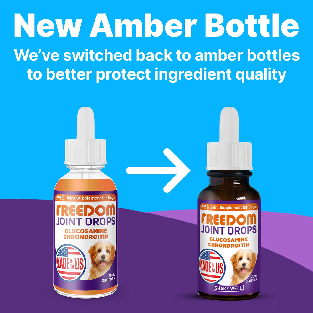 Pup Labs Freedom Joint Drops droppers ready for precise canine joint relief.