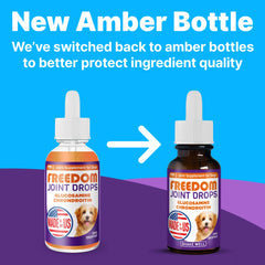 Pup Labs Freedom Joint Drops droppers ready for precise canine joint relief.