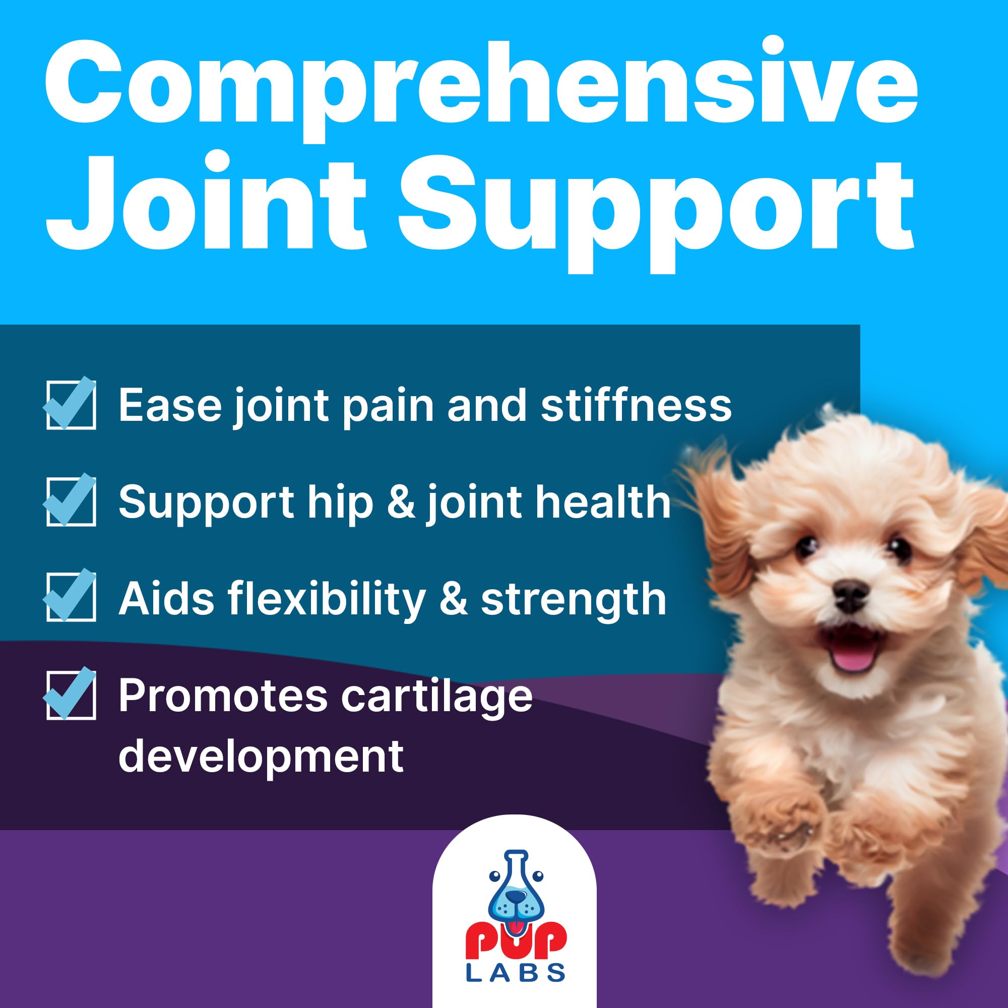 Pup Labs Freedom Joint Drops label close-up highlighting human-grade ingredients.