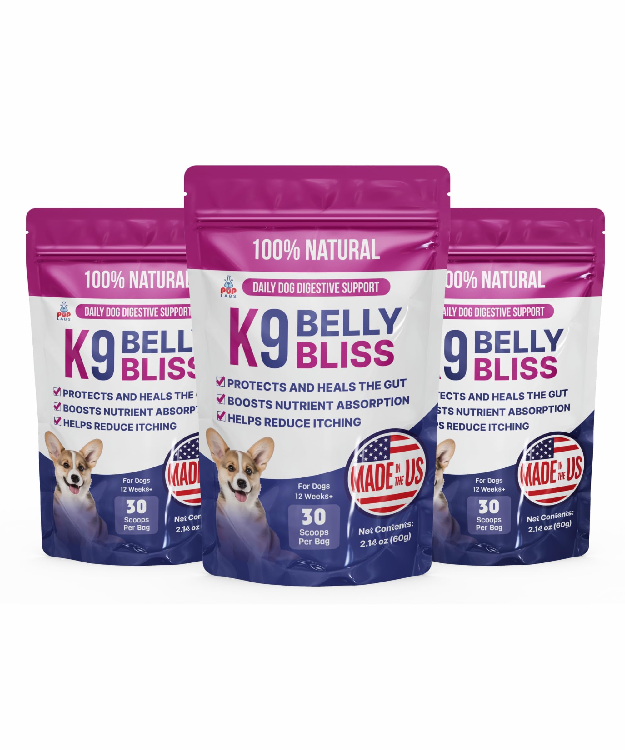 Pup Labs K9 Belly Bliss bottle and scoop for easy daily dosing.