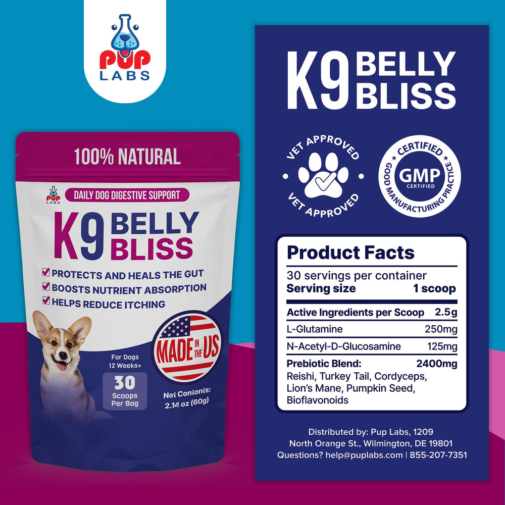 Pup Labs K9 Belly Bliss digestive health infographic.