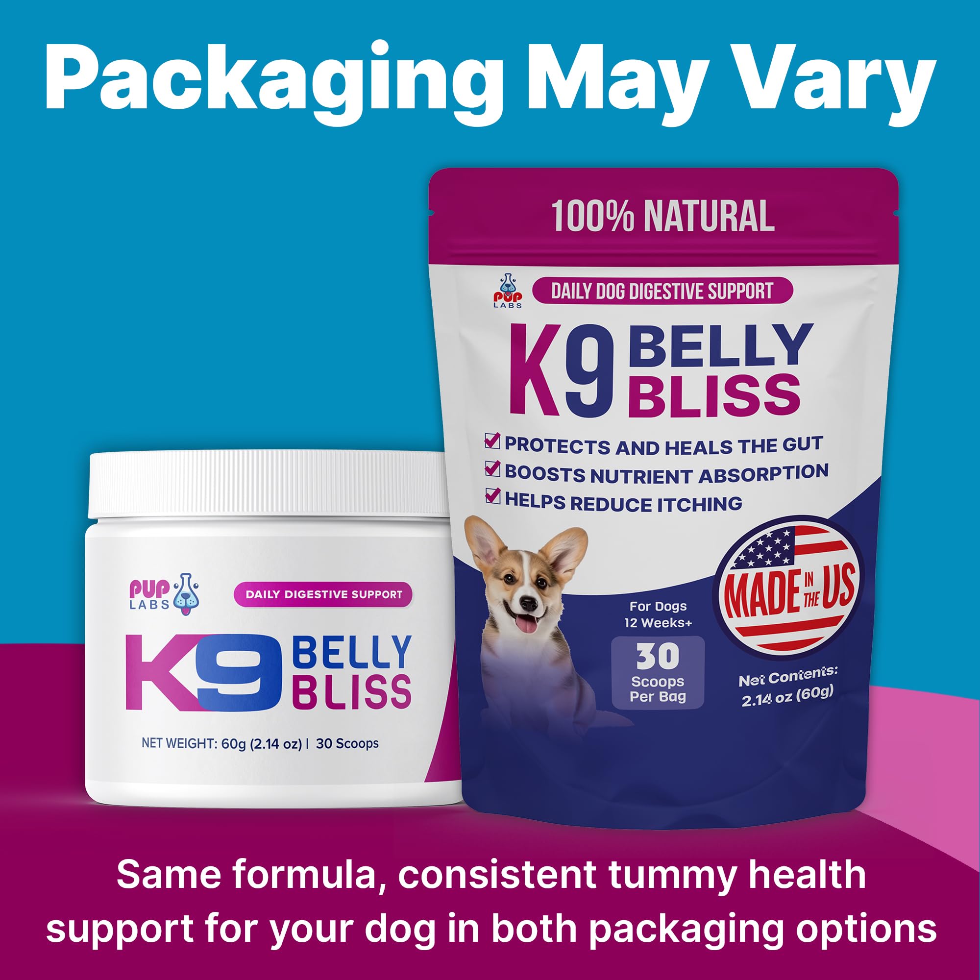 Pup Labs K9 Belly Bliss supports skin and coat via digestion.