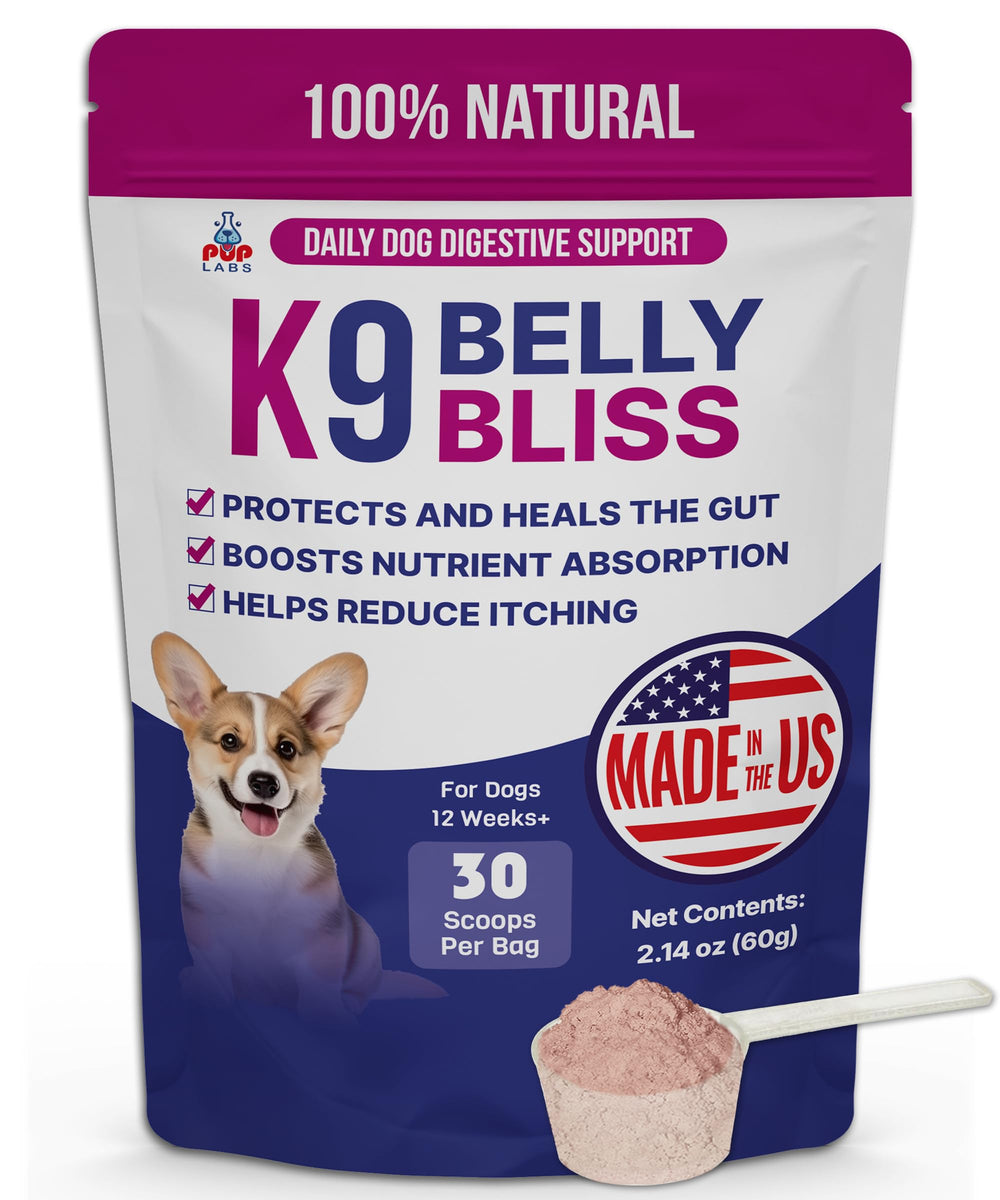 Pup Labs K9 Belly Bliss topper on dry food supports daily digestion.