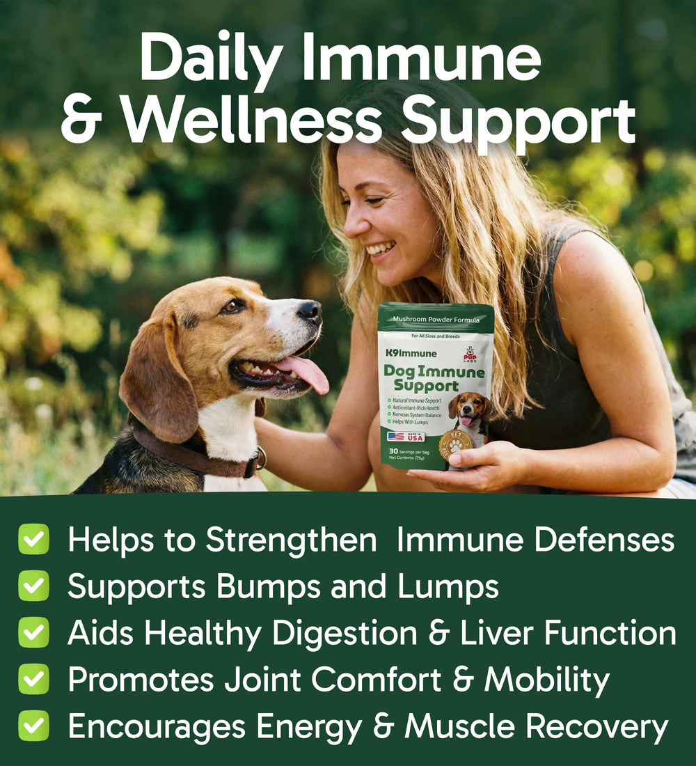 Pup Labs K9 Immune bottle and scoop shown for easy daily dosing.