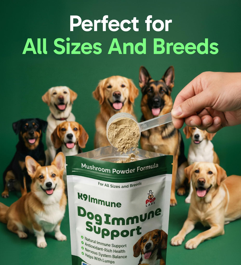 Product label and ingredients emphasizing antioxidant-rich mushrooms for aging dogs.