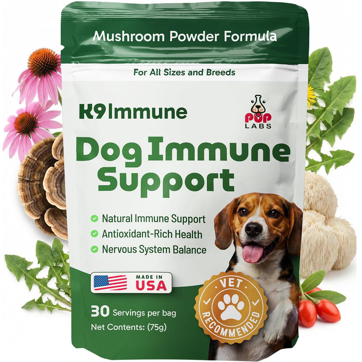 Pup Labs K9 Immune turkey tail supplement poured into dog food for daily immunity.
