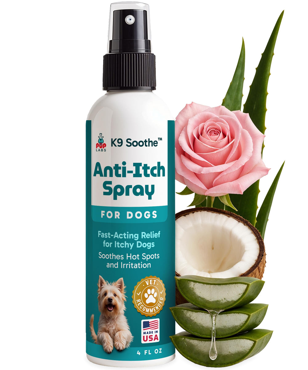 Pup Labs K9 Soothe bottle label highlights natural ingredients for easy application.