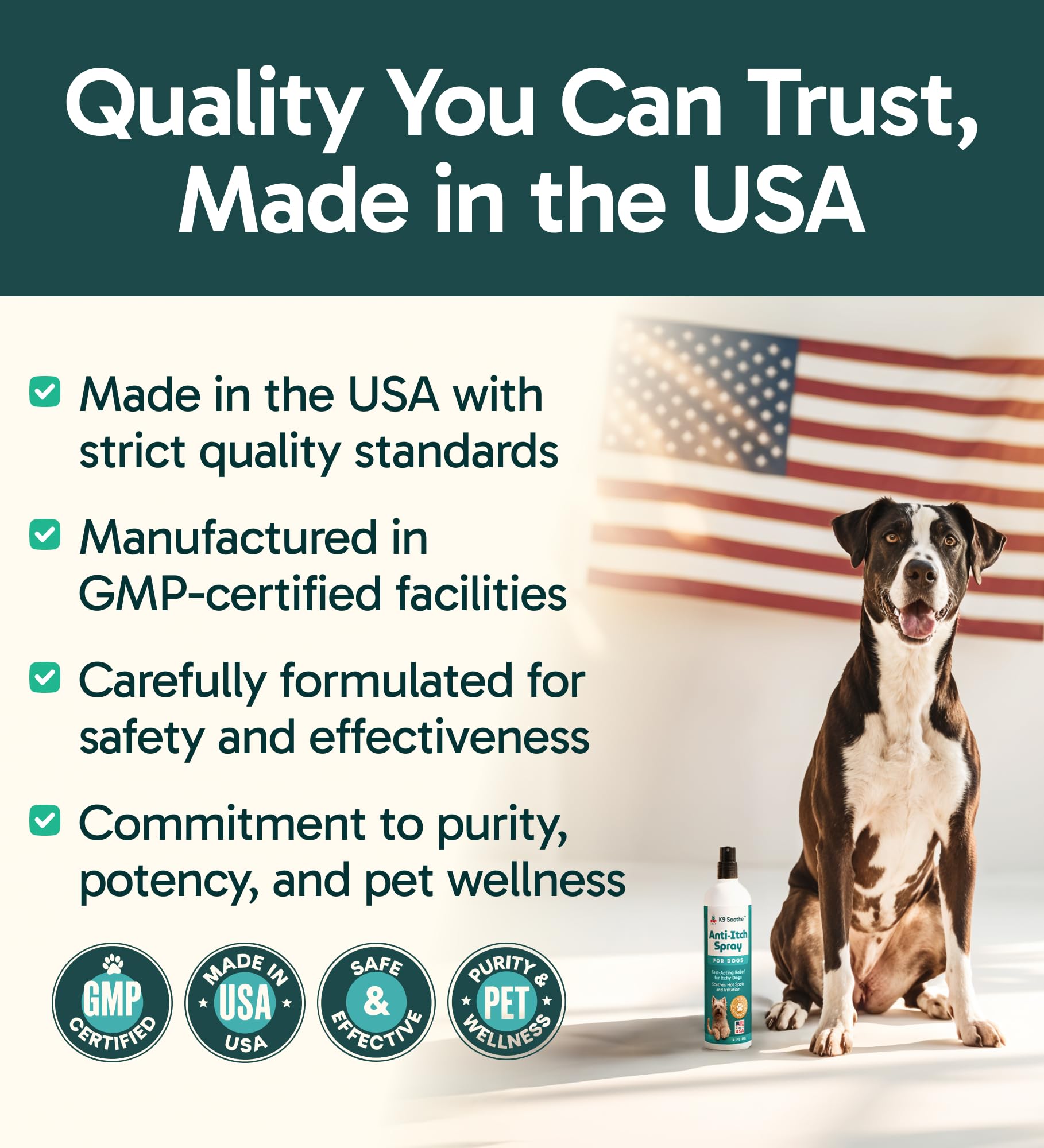 Pup Labs K9 Soothe Made-in-USA packaging emphasizes quality.