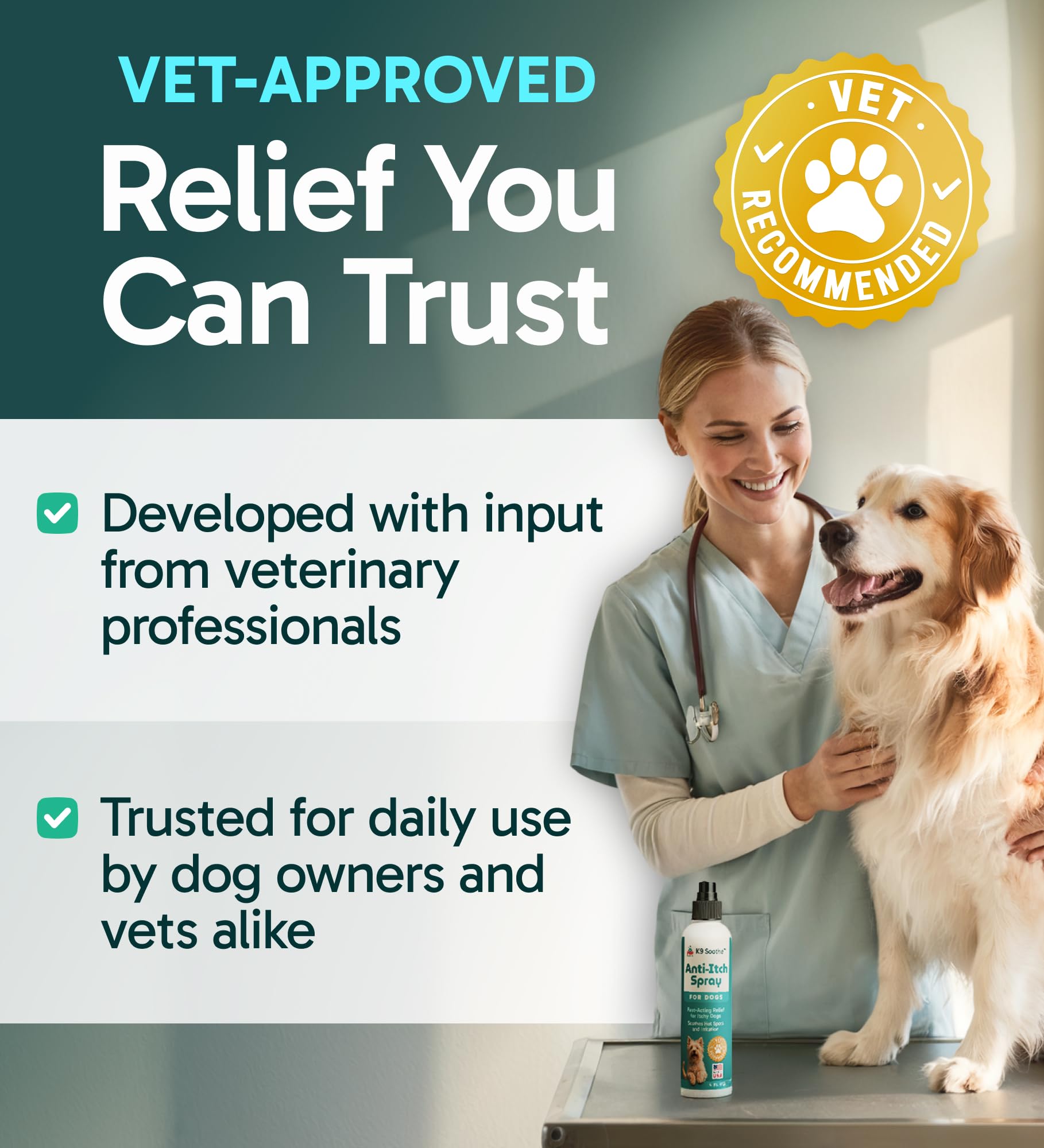 Pup Labs K9 Soothe vet-approved standards badge signals trusted safety.