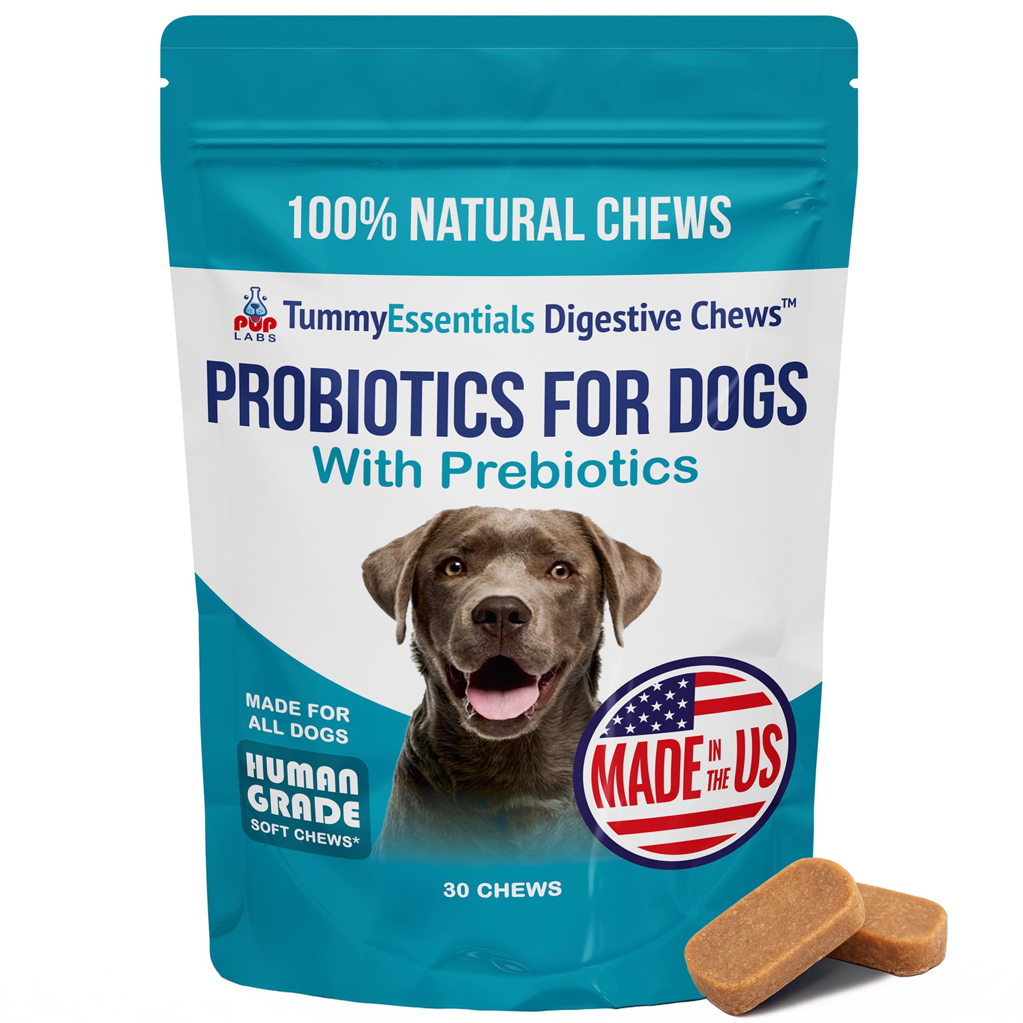 Pup Labs Tummy Essentials packaging highlights vet-formulated probiotic chews for dogs