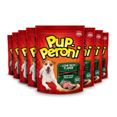 Pup-Peroni Lean Beef treats pack front showing eight bags for consistent rewards