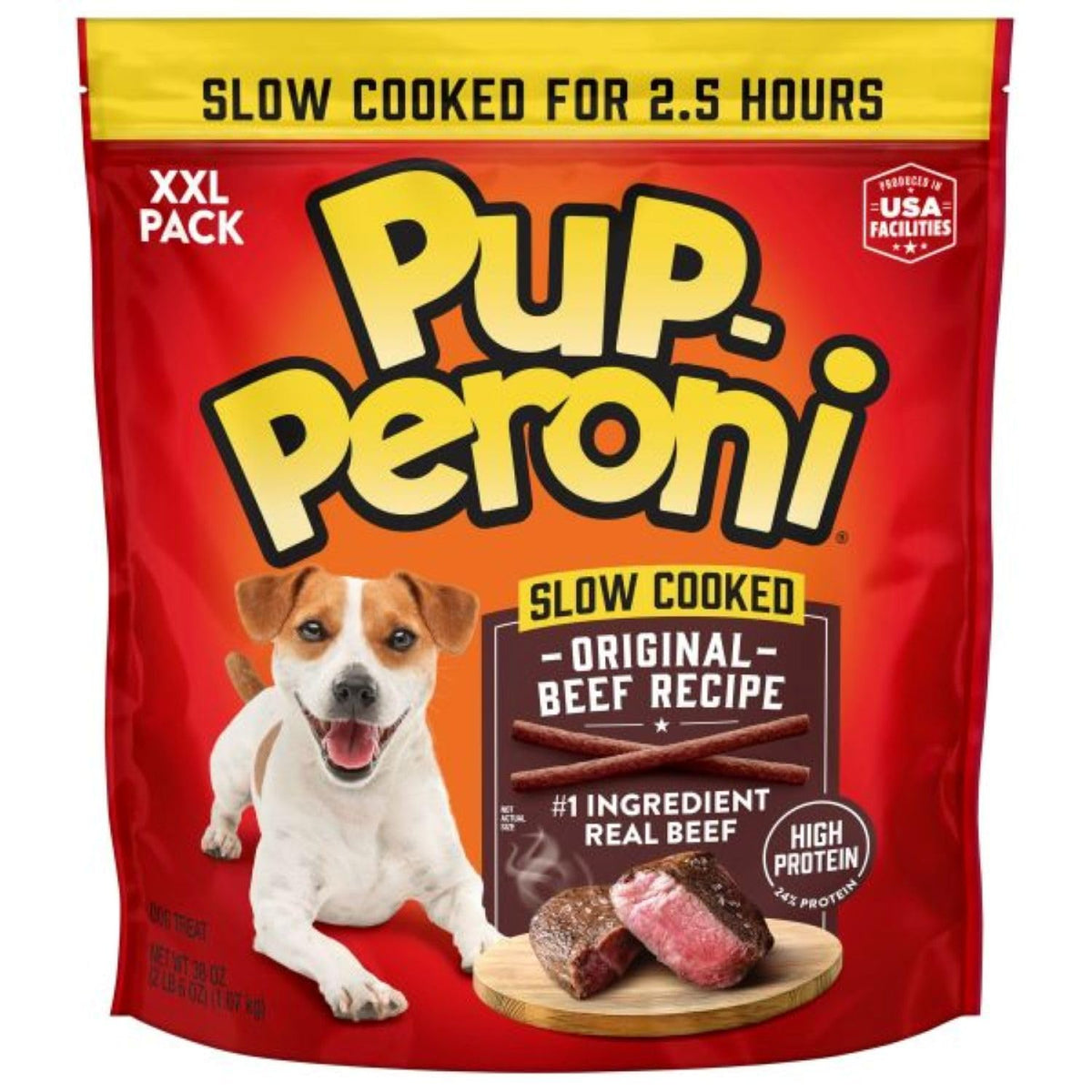 Pup-Peroni Original Beef Recipe bag with soft treats, ideal daily reward.