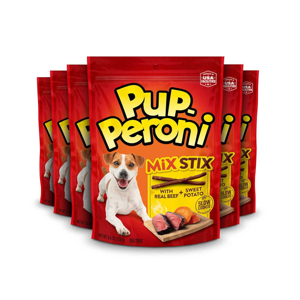 Pup-Peroni real-beef-sweet-potato-stix pack-1: soft, train-friendly reward.