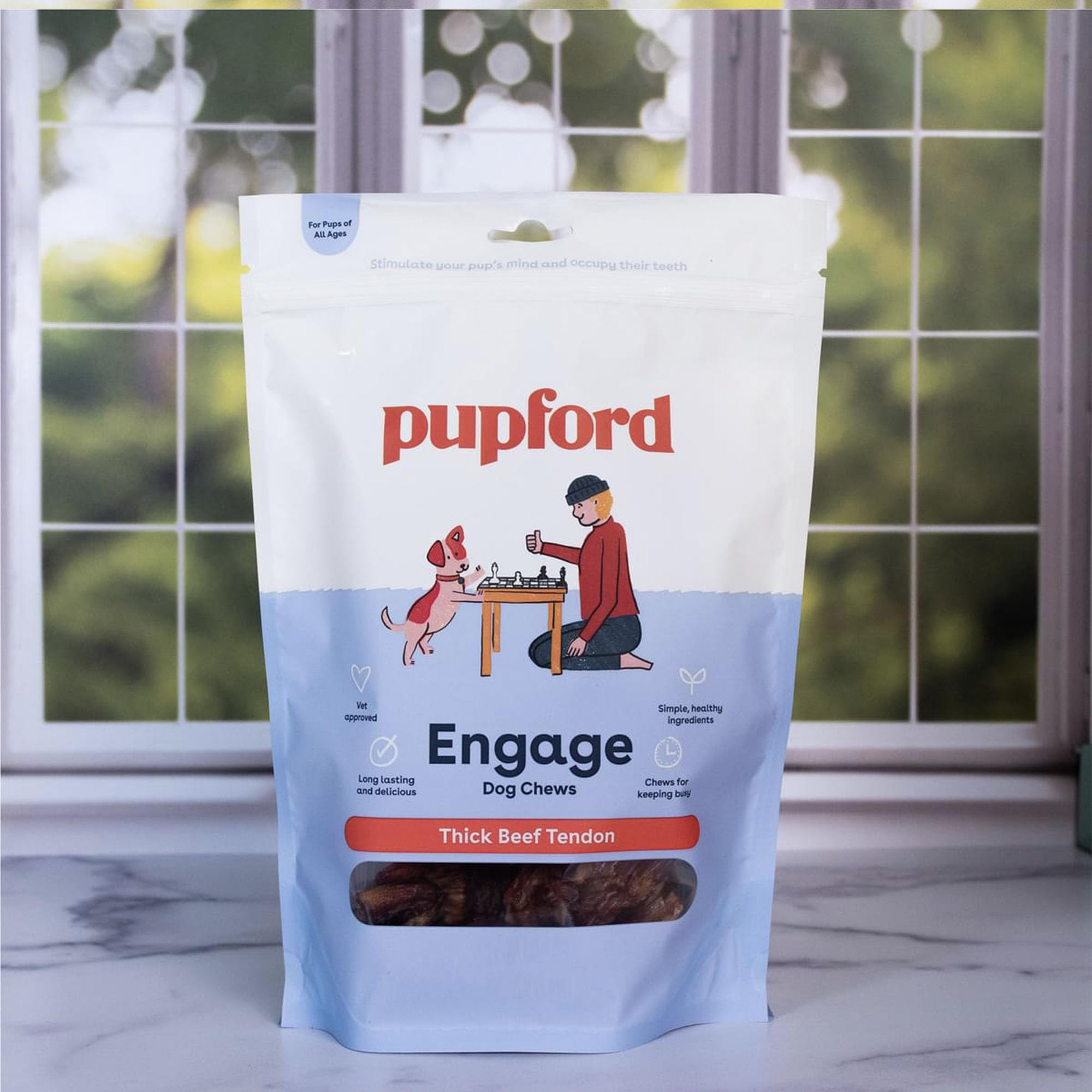 Pupford thick beef tendon chews five-count packaging on shelf