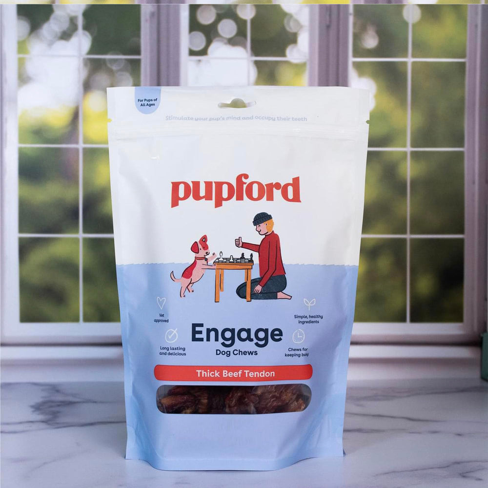 Pupford thick beef tendon chews five-count packaging on shelf