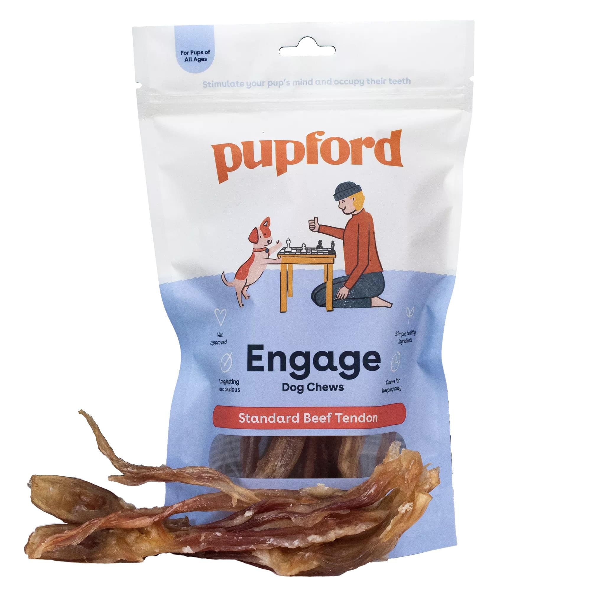 Pupford beef tendon chews packaging demonstrates a long-lasting chew.
