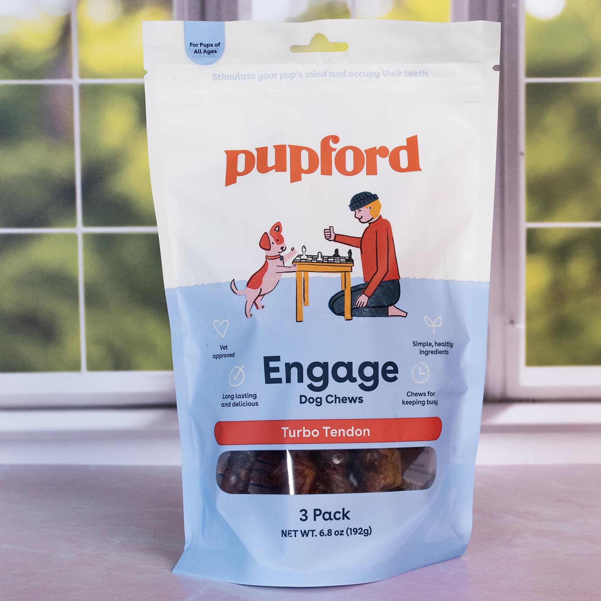 Pupford brand logo on bag communicates trusted, natural dog chews