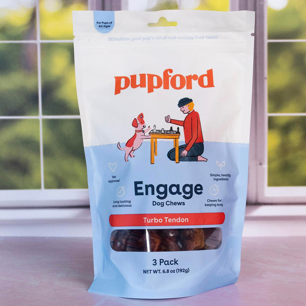 Pupford brand logo on bag communicates trusted, natural dog chews