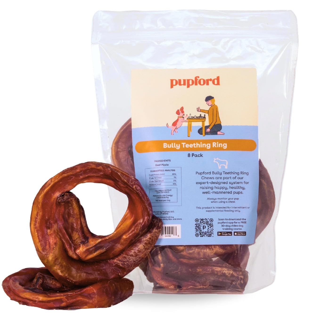 Pupford Bully Stick Rings 8-pack hero shot showing durable beef chew for dogs