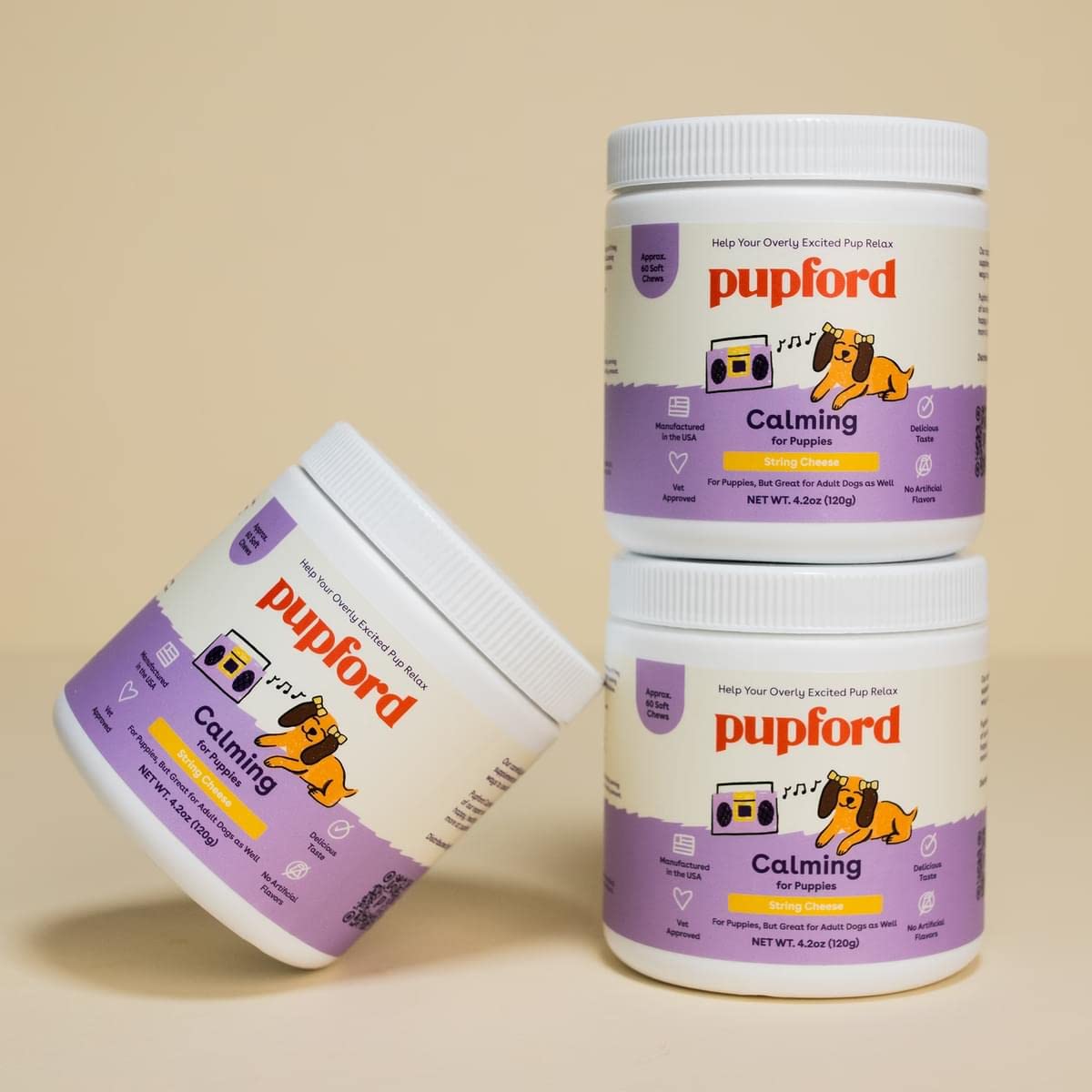 Kitchen counter display highlights natural ingredients behind Pupford Calm calming support.