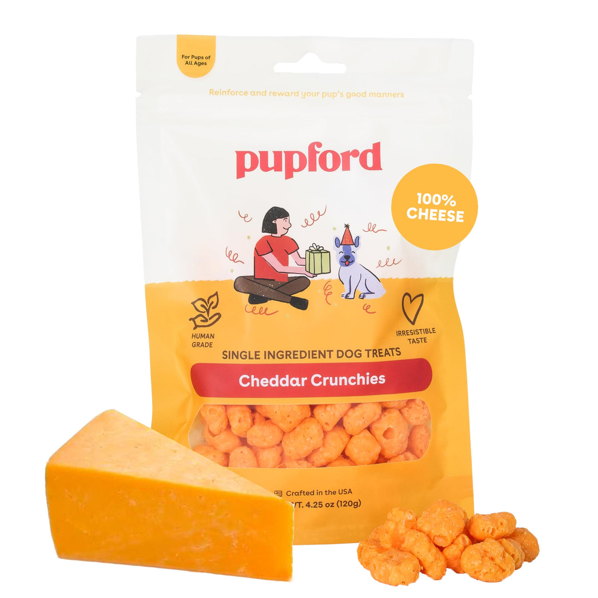 Pupford Cheese Crunchies cheddar bag open; wholesome dog reward.