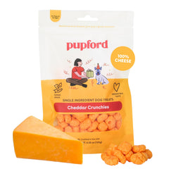 Pupford Cheese Crunchies cheddar bag open; wholesome dog reward.