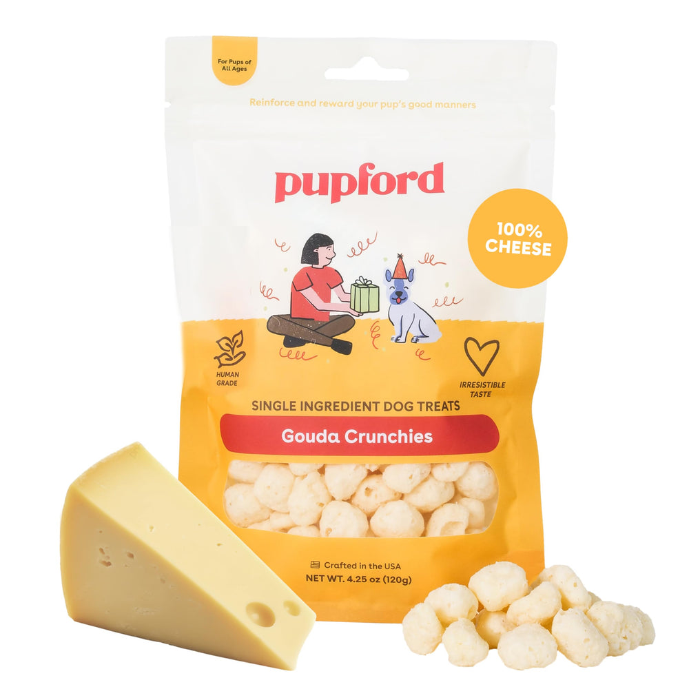 Pupford Cheese Crunchies Gouda 7.50 oz hero shot, natural single-ingredient dog treat.