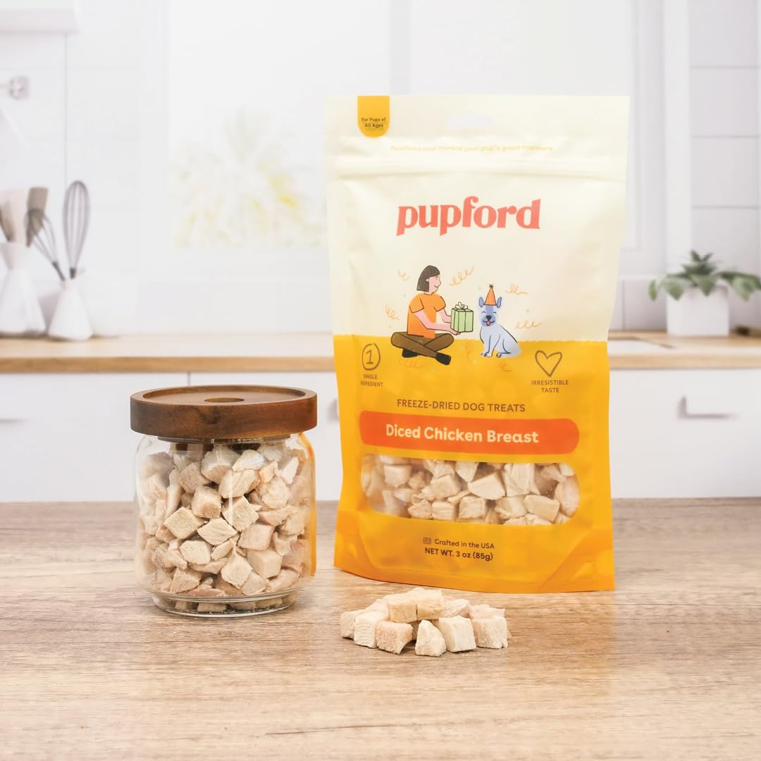 Pupford chicken breast treat bag closeup shows pure single-ingredient nutrition