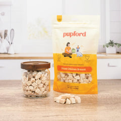 Pupford chicken breast treat bag closeup shows pure single-ingredient nutrition