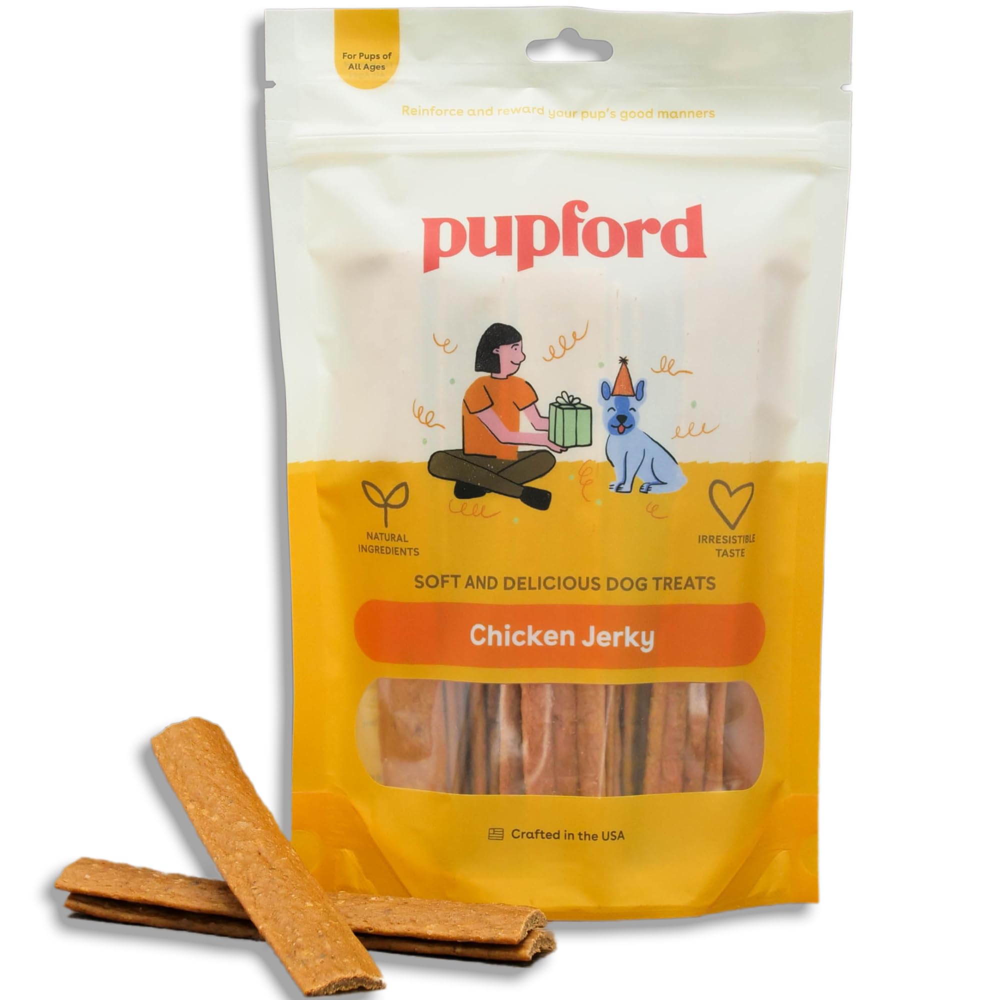 Pupford chicken jerky packaging highlights natural ingredients for quality rewards