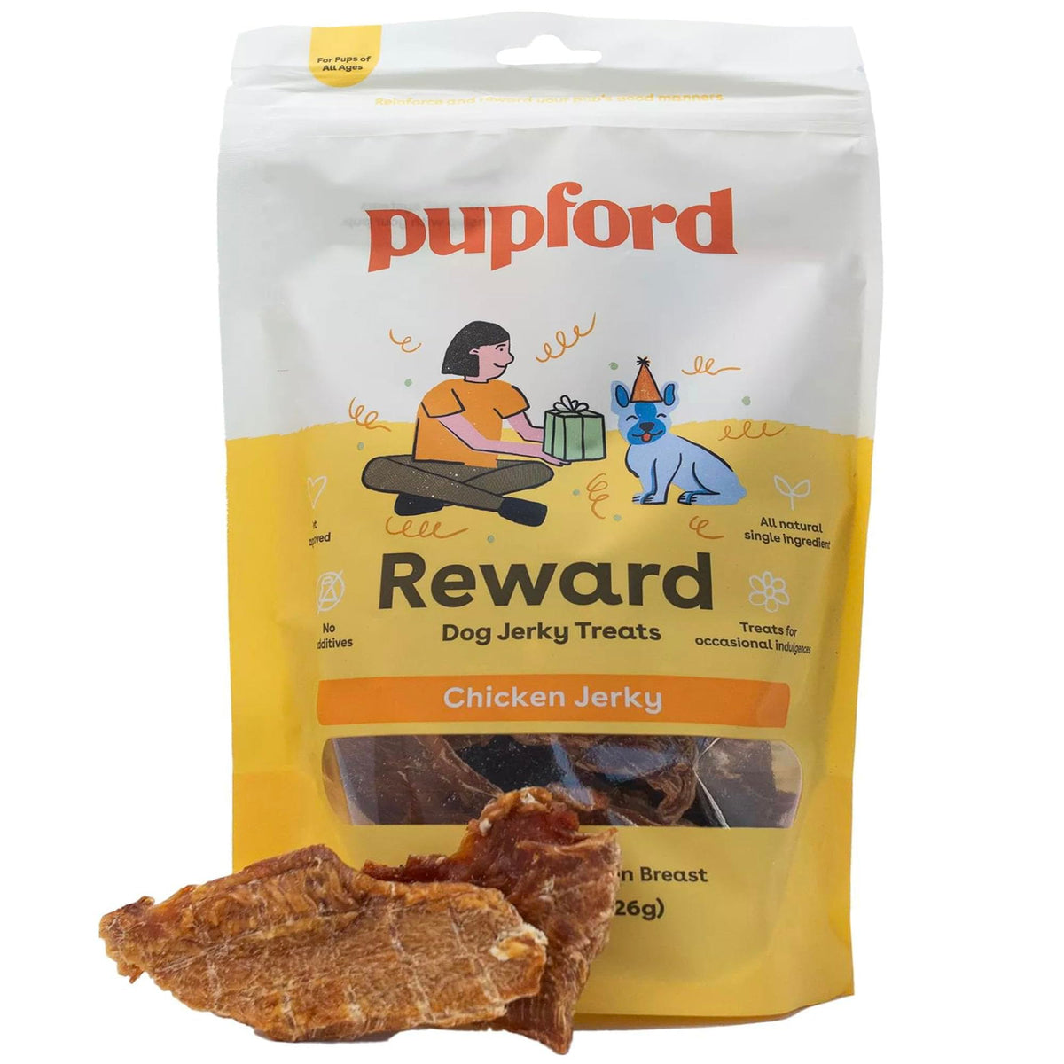 Pupford Crunchy Jerky dog treats in a resealable bag for long-lasting freshness and training rewards