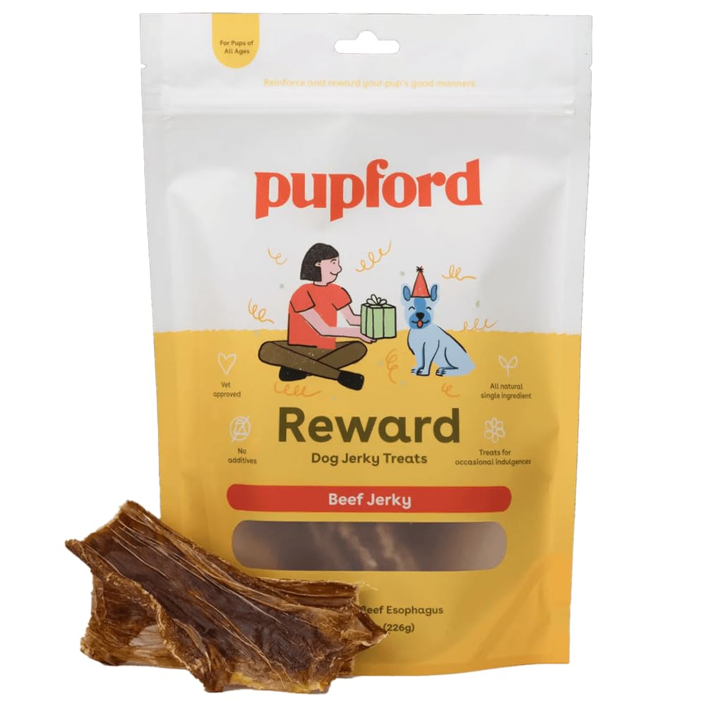 Pupford Crunchy Jerky Treats beef 8oz packaging, ideal for big rewards during training.