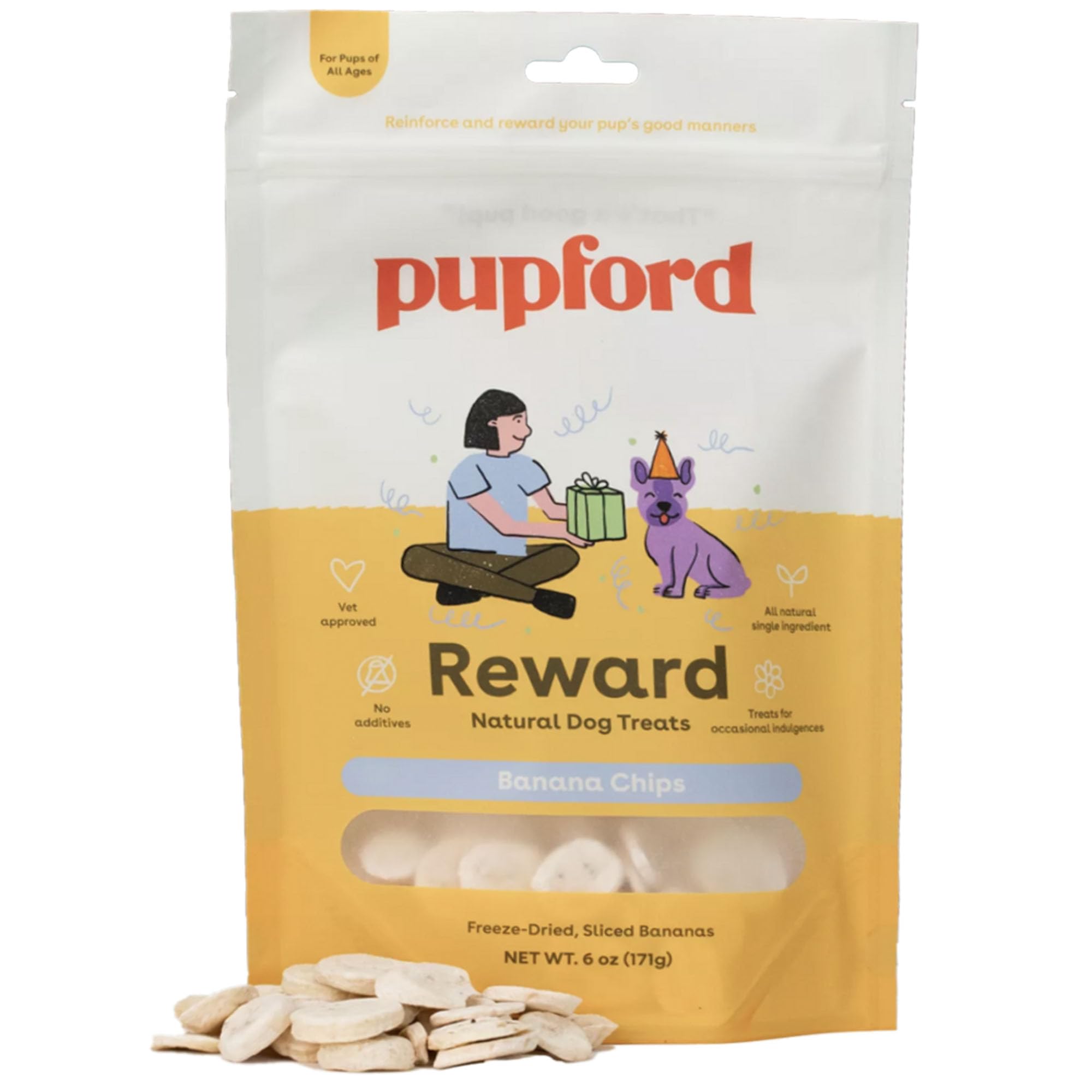 Pupford freeze-dried banana chip pack in a 6 oz bag for on-the-go rewards.