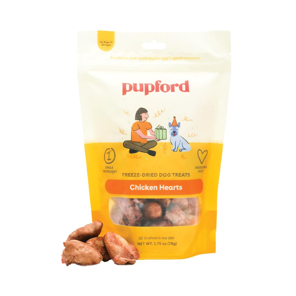 Pupford freeze-dried chicken hearts packaging, single-ingredient dog treat.