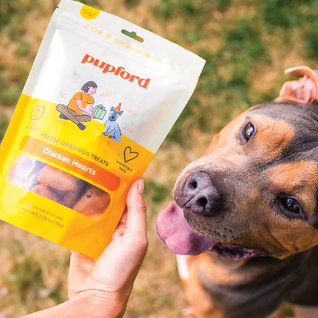 Pupford freeze-dried chicken hearts USA-made label visible.