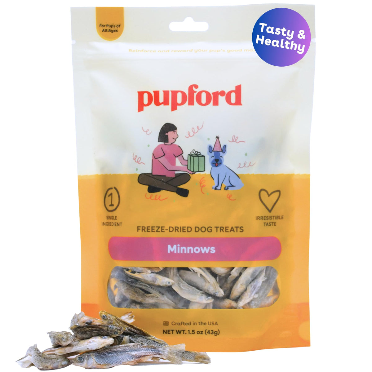 Pupford freeze-dried minnows bag, high-protein dog treat for training rewards.