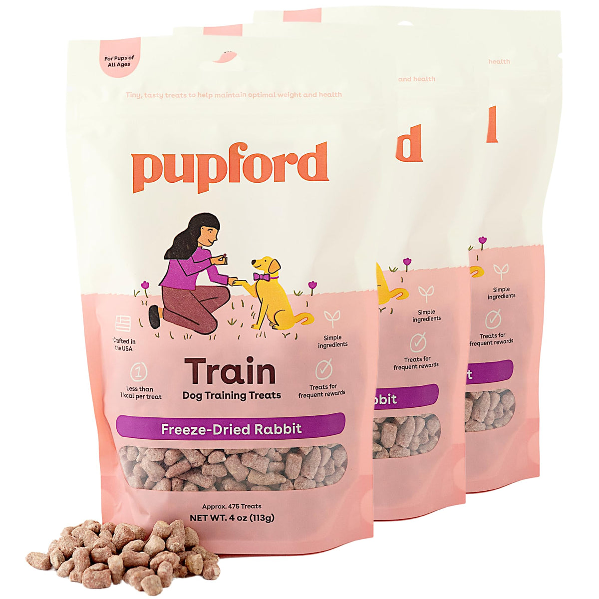 Pupford freeze dried training treats rabbit packaging, ideal for training rewards