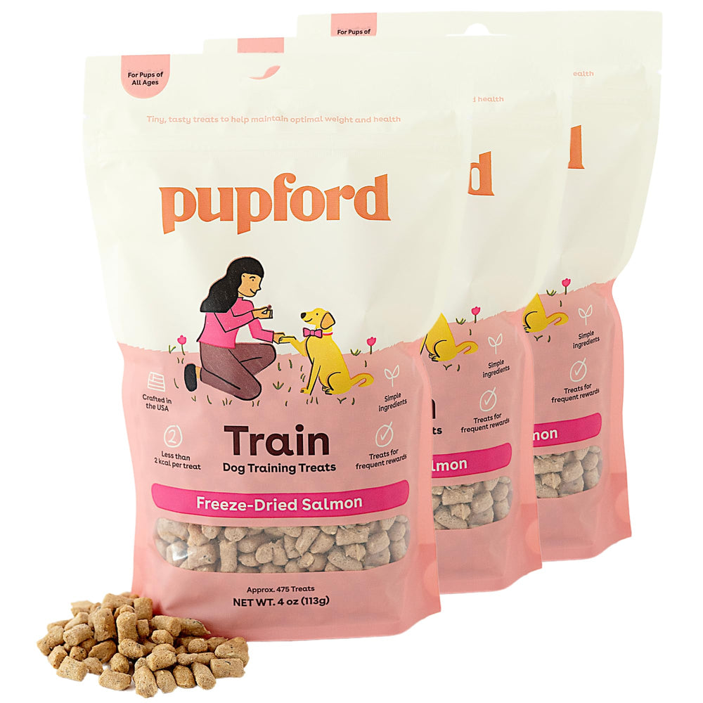 Pupford freeze-dried salmon treats in packaging, convenient three-pack for training days.