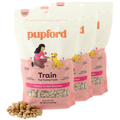 Pupford freeze-dried salmon treats in packaging, convenient three-pack for training days.