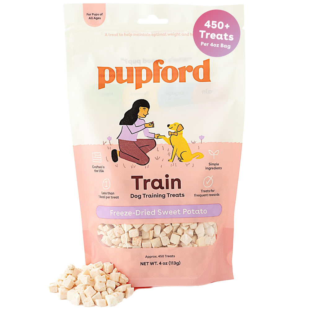 Pupford freeze-dried training treats with sweet potato; 4 oz bag ideal for training rewards.